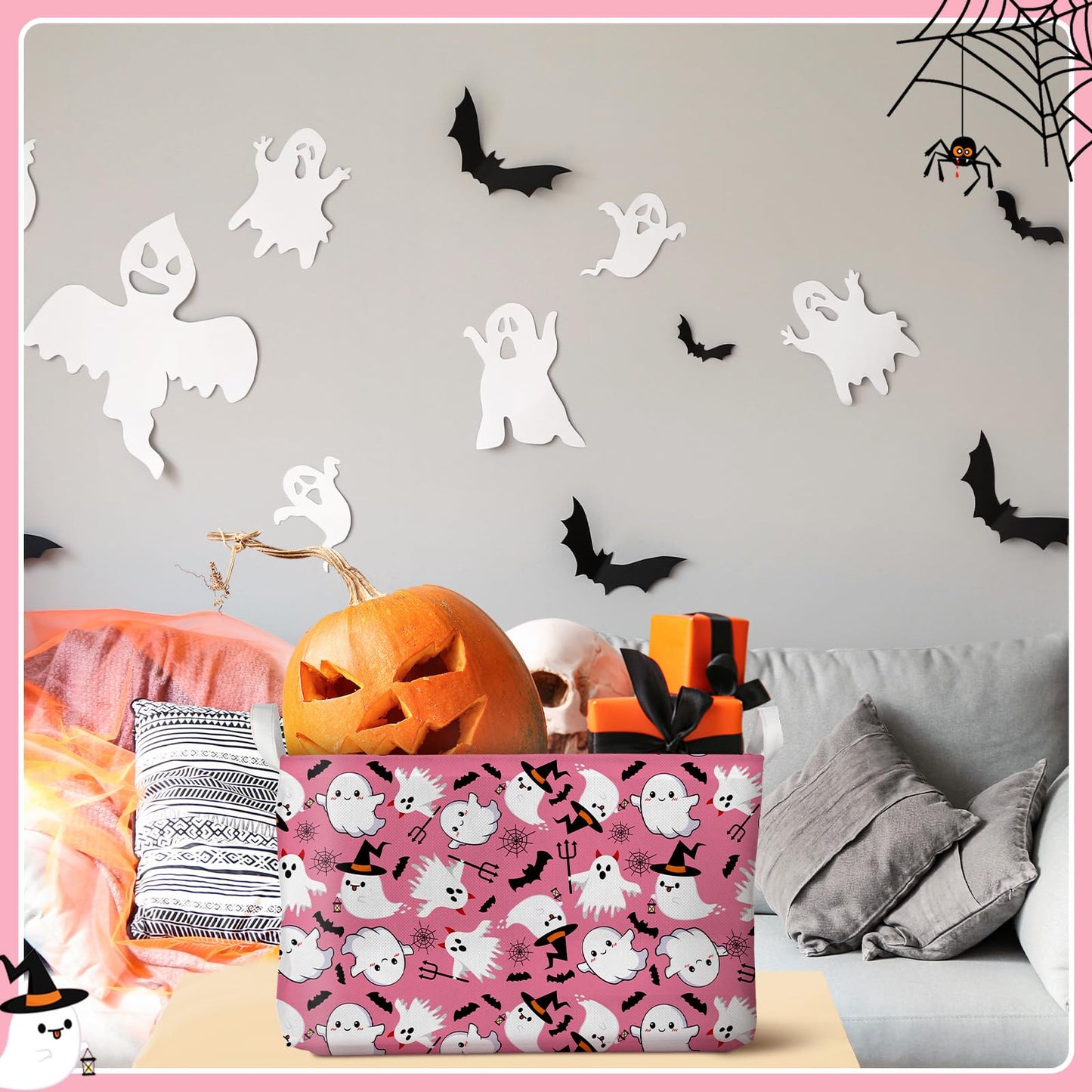 Chunful 4 Pcs Halloween Storage Baskets Pink Ghost Laundry Baskets Pink Hamper Foldable Storage Bins with Handle Collapsible Organizer for Home Closet Office Bedroom