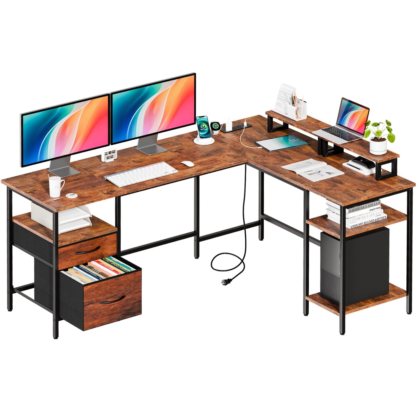 HAPPYMONT L Shaped Gaming Desk with Power Outlet & 2 Monitor Stands, Computer Desk with Drawer & Adjustable Storage Shelves, Large Corner Desk for Home Office, Rust Brown