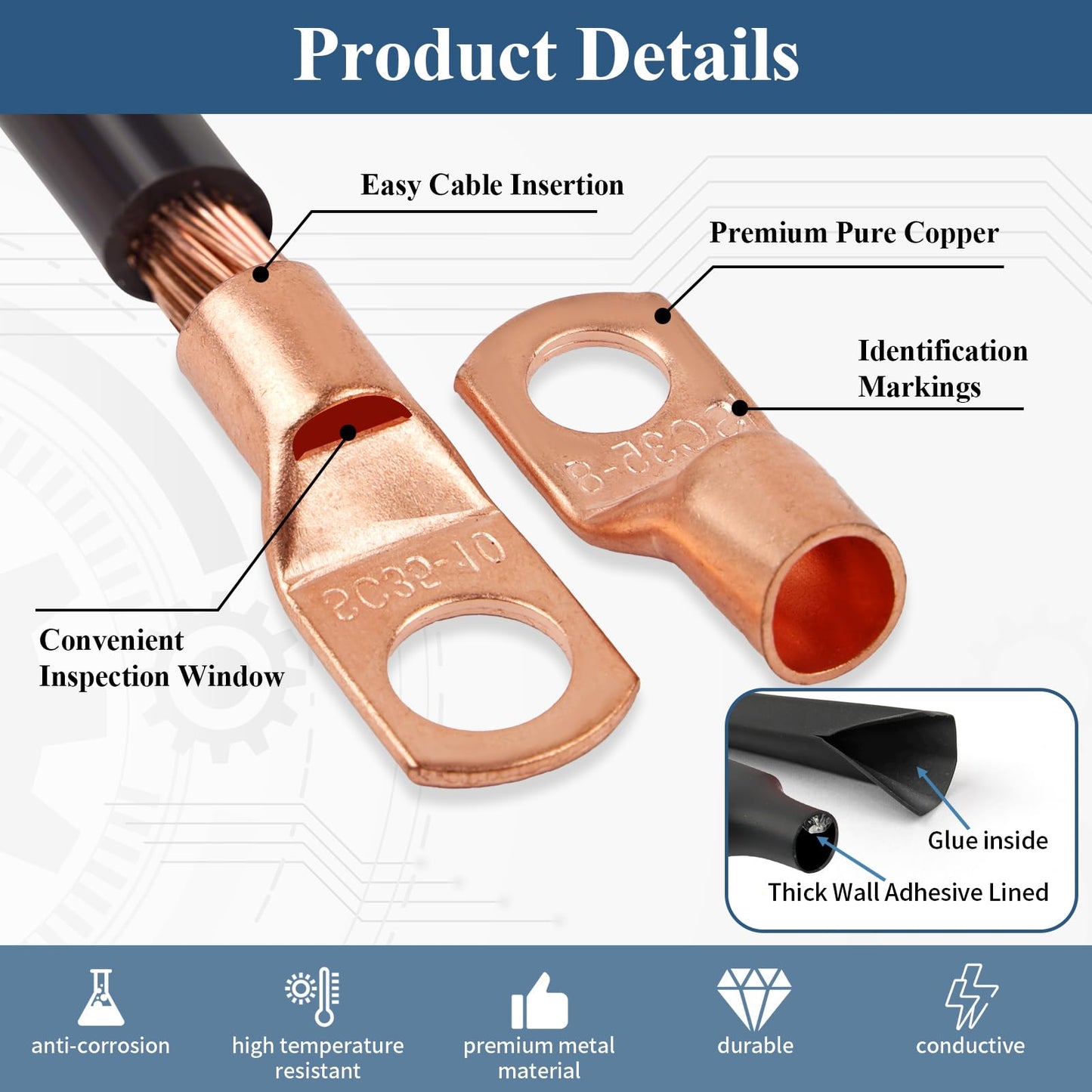 PEASUG Copper Wire Lugs 130Pcs, AWG 2 4 6 8 10 12 Gauge Battery Cable Ends with 66Pcs Heat Shrink Tubing Set, 64Pcs Ring Terminals Connectors Assortment Kit for Marine, Automotive, Cables, Appliances