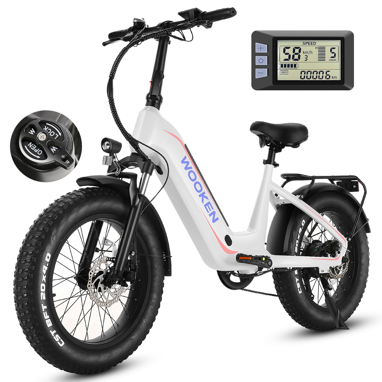 Wooken Electric Bike for Adults, 500W Motor Ebike, 20"x4.0" Fat Tire Electric Bike,48V 13AH Removable Lithium-ion Battery,Up to 60 Miles, Step-Thru Electric Mountain Bike,SGS Certified to UL 2849