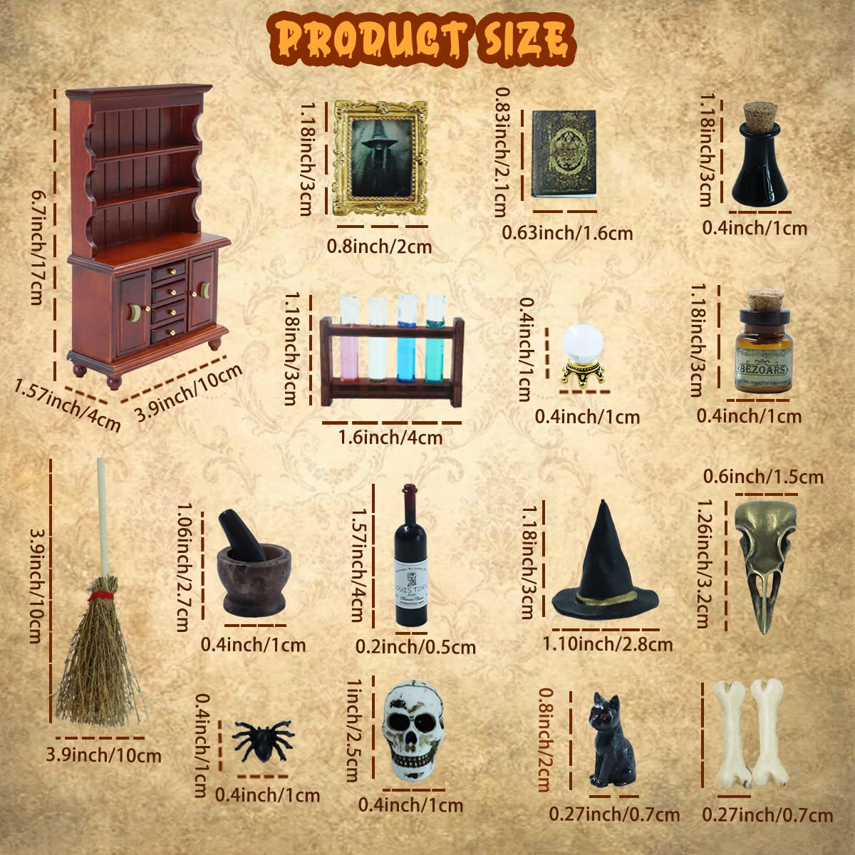 BEIREG Dollhouse Miniatures 1/12 Scale Accessories, Wooden Bookshelf Furniture Set - Magic Bottle&Potion, Witch Frame and Hat, Mini Bookcase, Haunted Dollhouse Halloween Decorations for Kids Gifts
