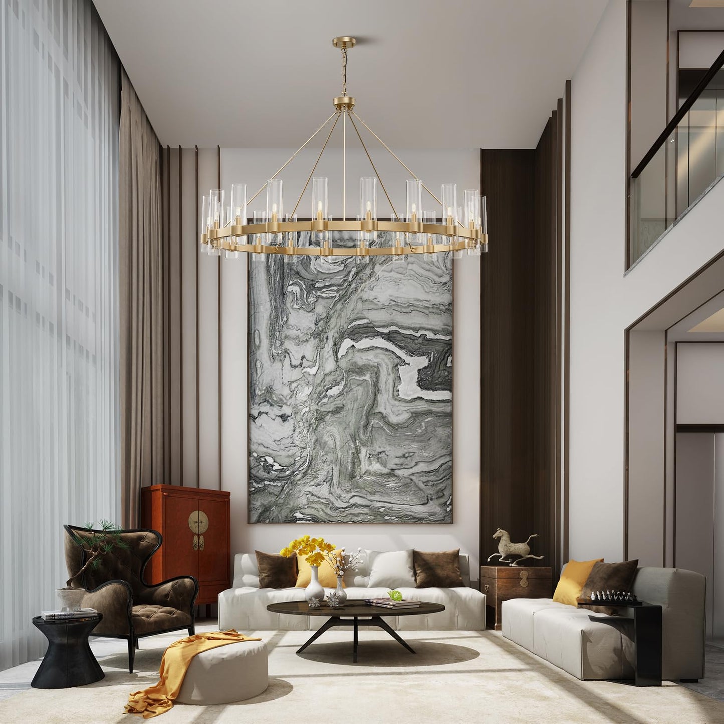 YIOSI 60 Inch Gold Chandelier, Wagon Wheel Chandelier with Glass Shade, 20-Lights Large Round Modern Farmhouse High Ceiling Pendant Lighting Fixture for Dining Room, Living Room, Kitchen, Foyer