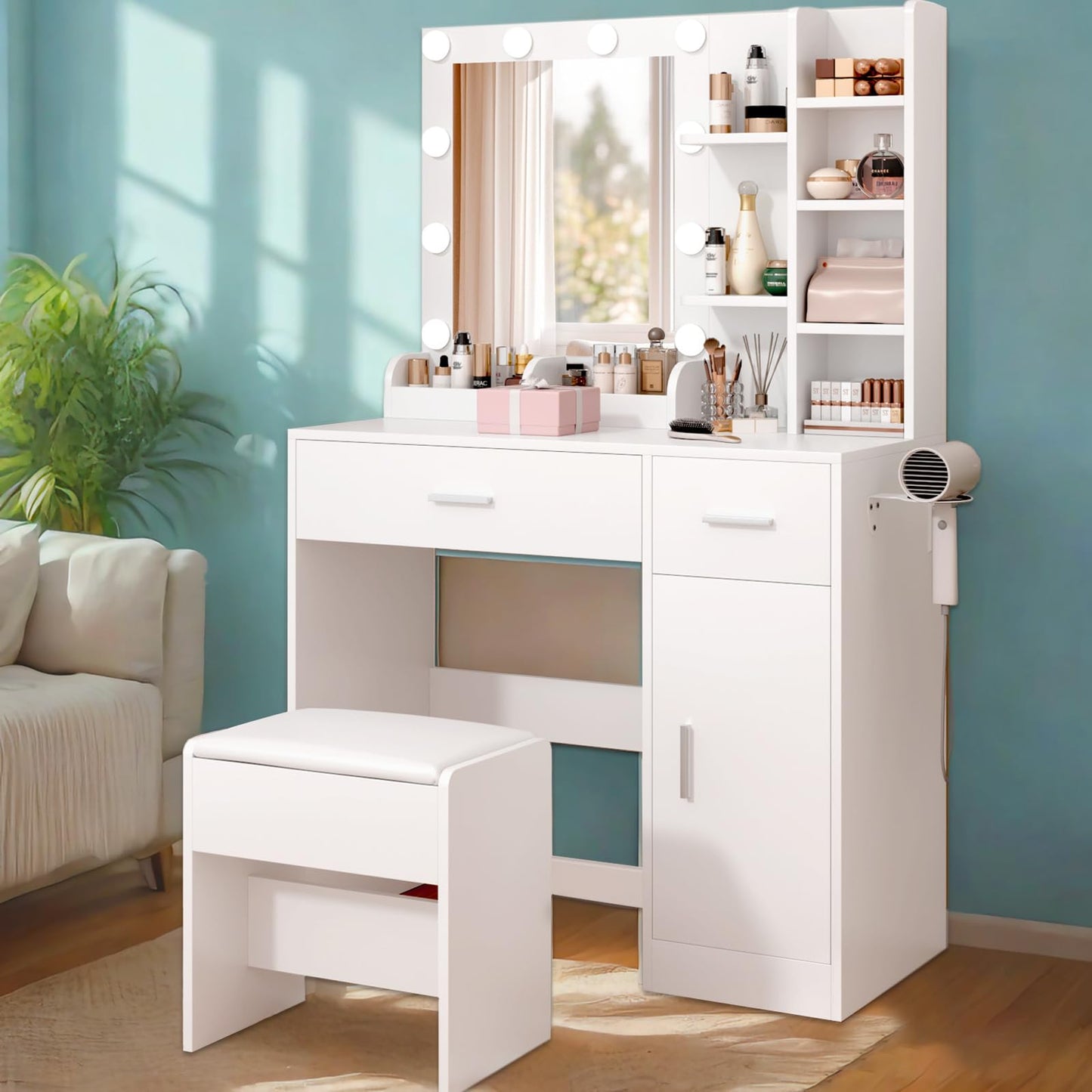REFGY White Vanity Desk with Mirror and Lights, Makeup Vanity Desk with Lights 3 Colors, Dressing Table with 10 Bulbs, Power Outlet 2 Drawers Vanity Stool Makeup Table Set for Bedroom, Dressing Room