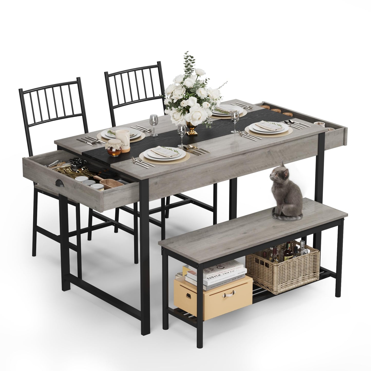GarveeHome Dining Table Set for 4, Small Kitchen Table and 2 Chairs for 4 with Bench, Space Saving Kitchen Table Set with Storage Rack & Drawers, Breakfast Nook Rectangular Farmhouse Table Set, Grey