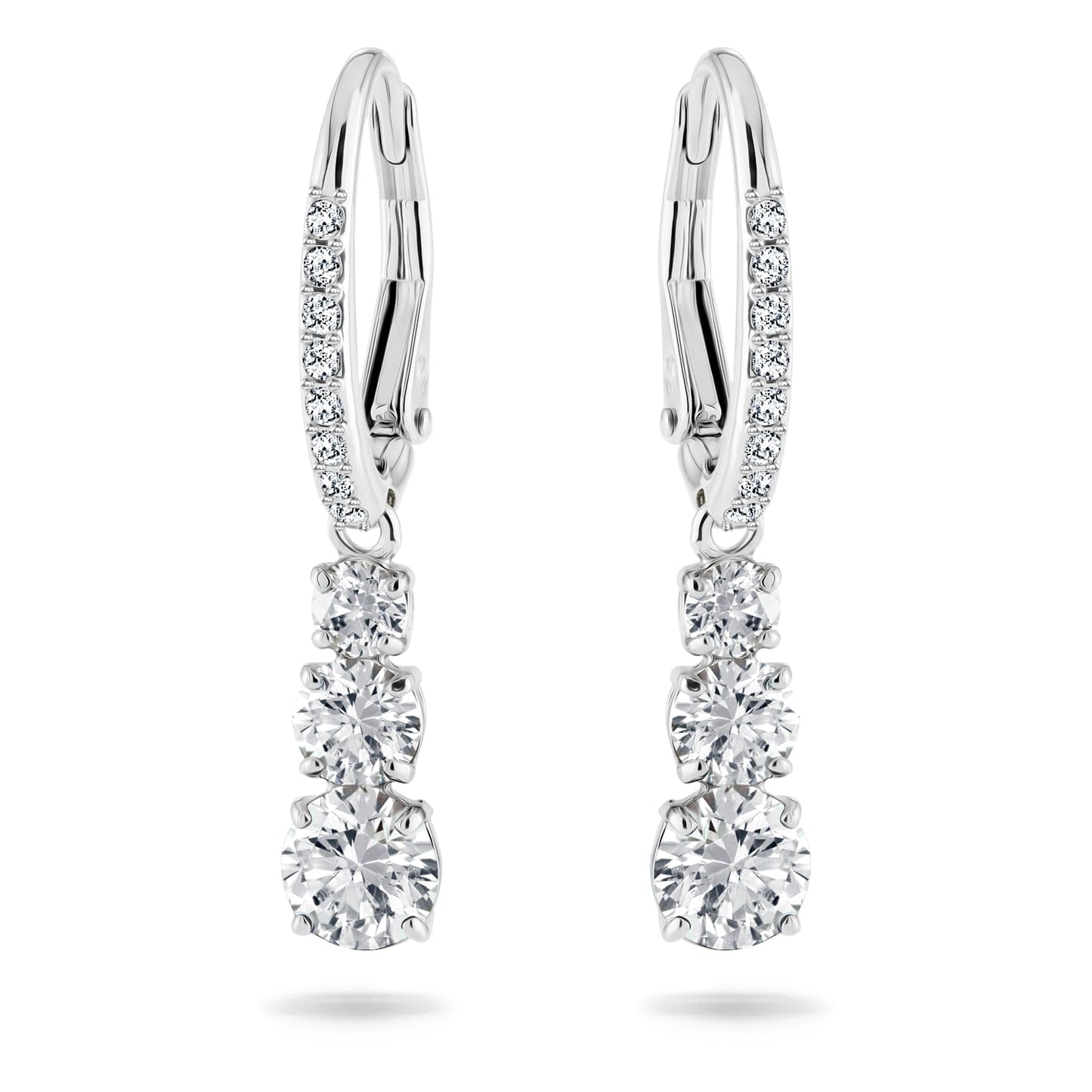 Swarovski Stilla Attract Trilogy Drop Pierced Earrings with White Crystals on a Rhodium Plated Setting with Hinged Closure