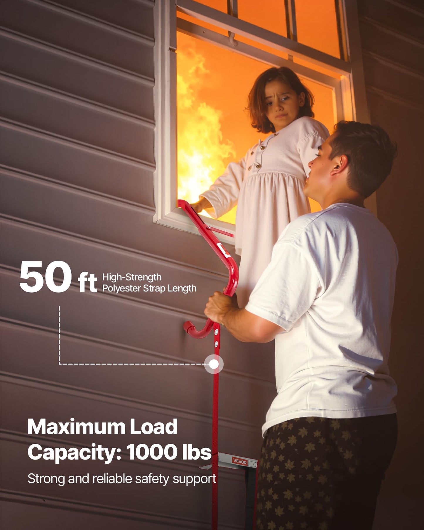 VEVOR Fire Escape Ladder, 5-6 Story 50FT Retractable Emergency Fire Ladder, Lightweight Aluminum Alloy Safety Escape Ladders with Sturdy Polyester Strap, Anti-Slip & Wide Rungs, 1000LBS Max Loading