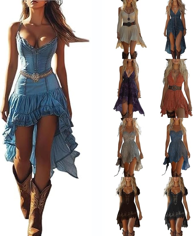 Western Cowgirl Dress for Women, Deep V Neck Western Dresses to Wear with Boots, Boho Sexy Vintage Country Concert Dress