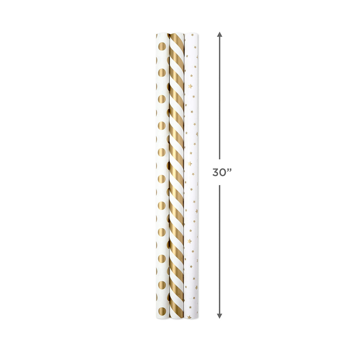 Hallmark Wrapping Paper Rolls for Weddings, Bridal Showers, Birthdays - Gold and White Gift Wrap Paper (Set of 3 Rolls: 105 sq. ft. ttl.) Metallic Striped and Polka Dot for All Occasions