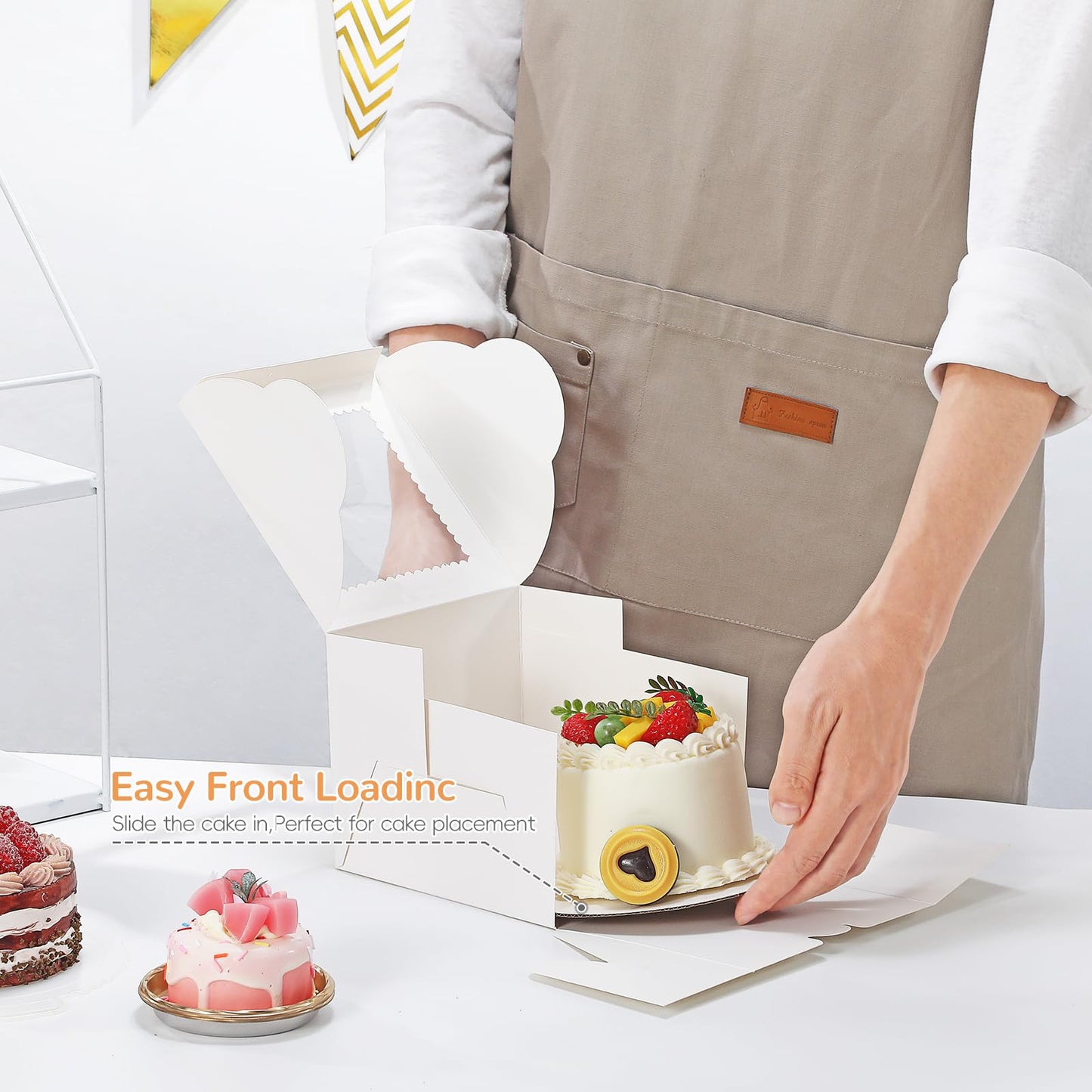EQOREIIN 4pcs 6 Inch Cake Boxes with Sticks and Boards for Cookies, Small Cakes, Mini Desserts, Bento, and Bakery, Cupcake Box for Birthday, Party, Wedding, Mother's Day, Christmas（6x6x5 inch）