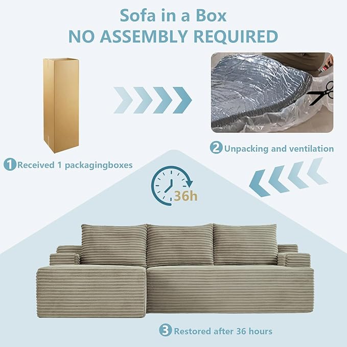 96" Cloud Sectional Couch with L-Shape Chaise, Modern Corduroy Boneless Couch for Living Room,Memory Foam Sofa with Deep Seat,No Assembly Required (Camel,Left-Facing Chaise)