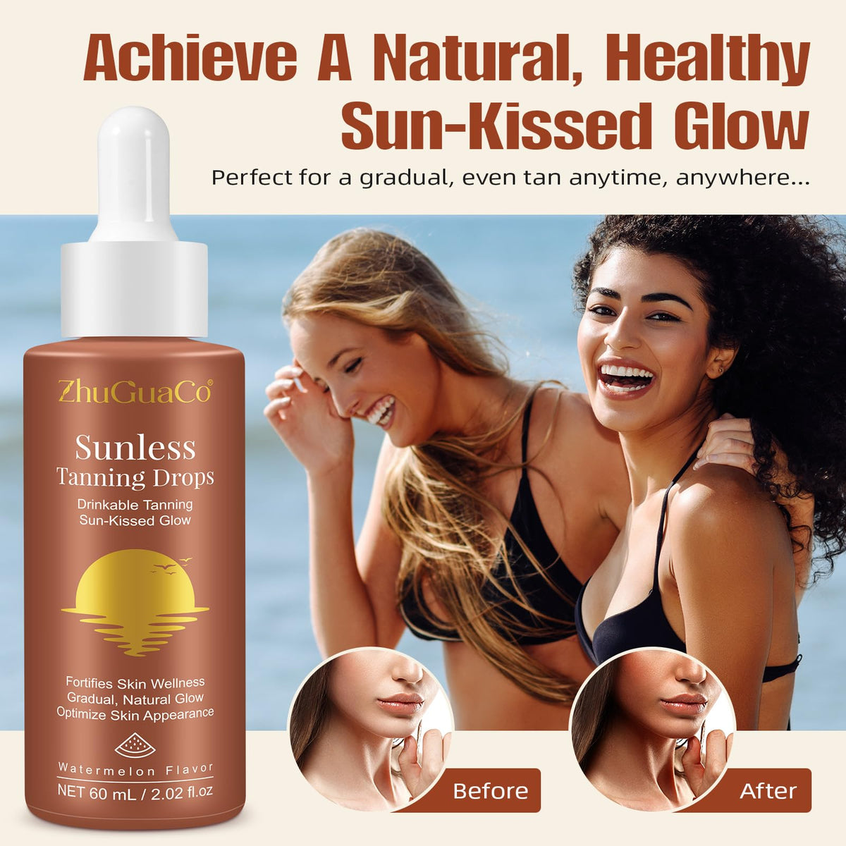 Sunless Tanning Drops to Drink | Oral Drinkable Sunless Tanning Drops for Natural Glow | Safe & Long-Lasting Enhances Natural Ta