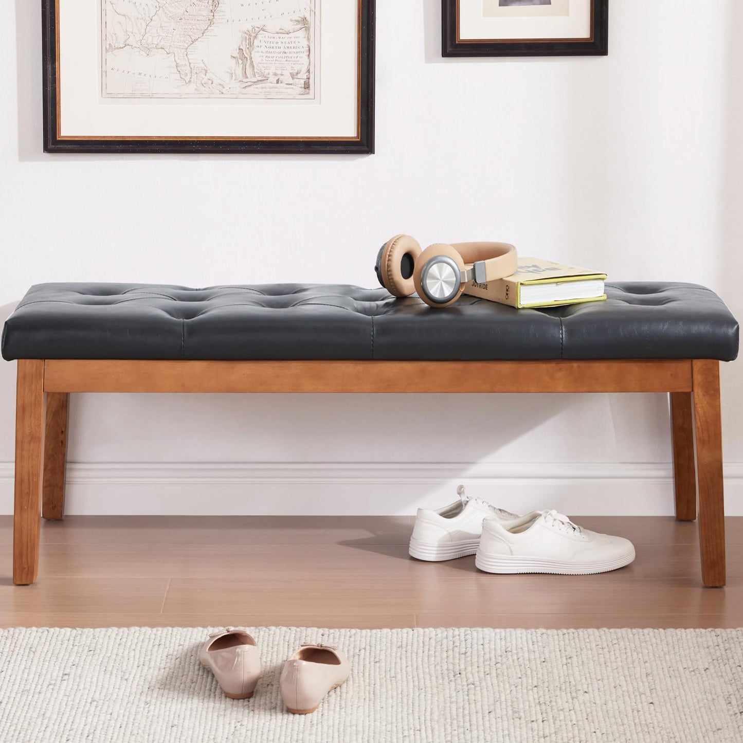 MILCIL Ottoman Bench Upholstered Padded Seat with Solid Wood Legs and Button-Tufted, Faux Leather Black