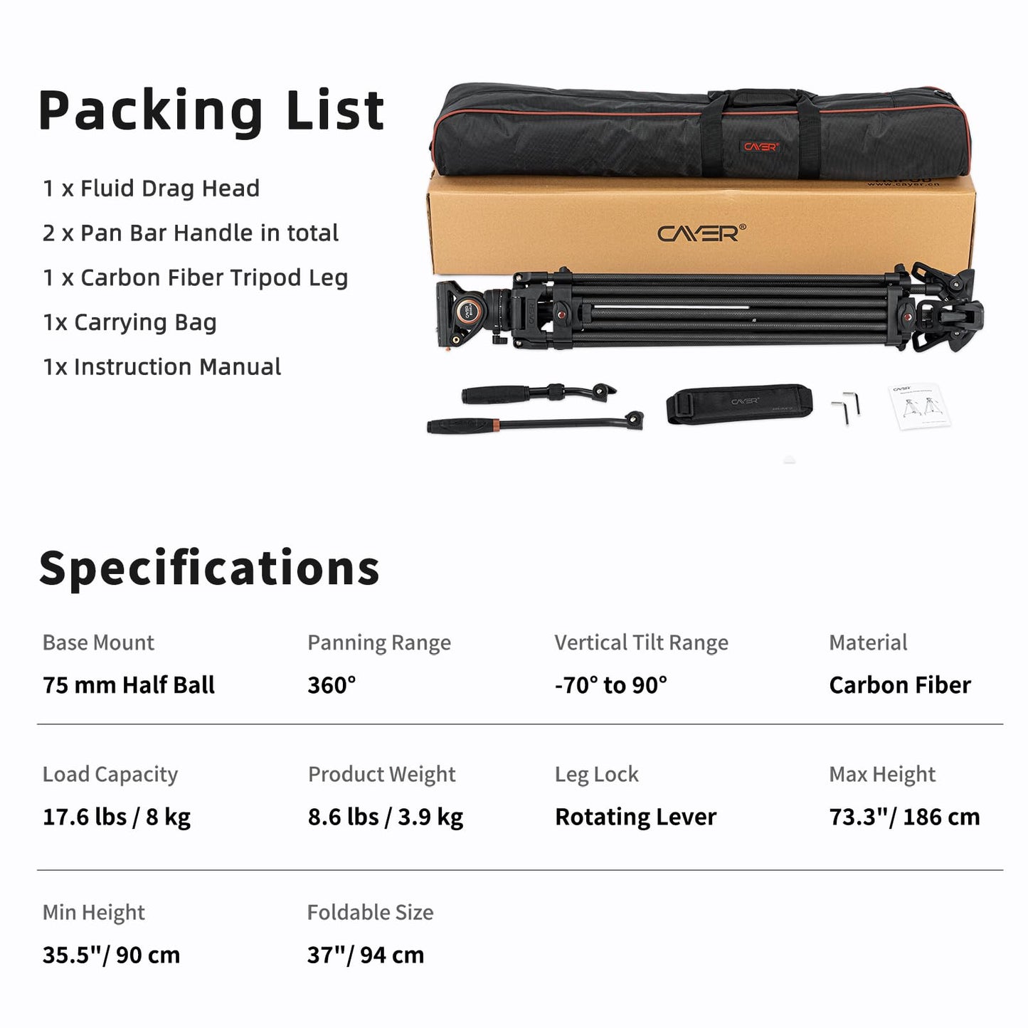 Cayer BV25LH Video Tripod System, 74 inch Carbon Fiber Professional Heavy Duty Camera Tripod Kit, Twin Tube Tripod Leg with Fluid Drag Head, 2 Pan Bar Handles, Max Loading 17.6LB