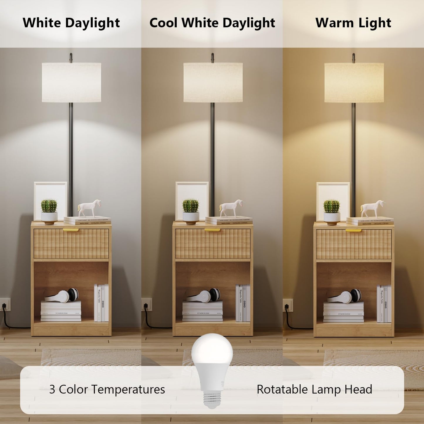TVU Floor Lamp with Table & Drawers, End Table with Lamp and Charging Station, Modern Fluted Side Table Lamp with 3 Color Temperature Led Bulb, Floor Lamps for Living Room, Natural