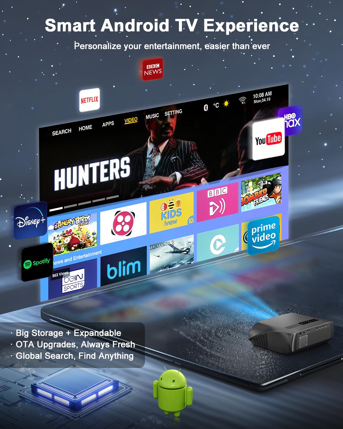 High Bright Projector 1800 ANSI Lumens, HDR10+, 4K Support, WiFi6 & Bluetooth, Smart Android TV with Apps, HDMI/ USB, for Daylight Viewing, Low Input Lag Gaming, Silent Bedroom, Wireless Presentation