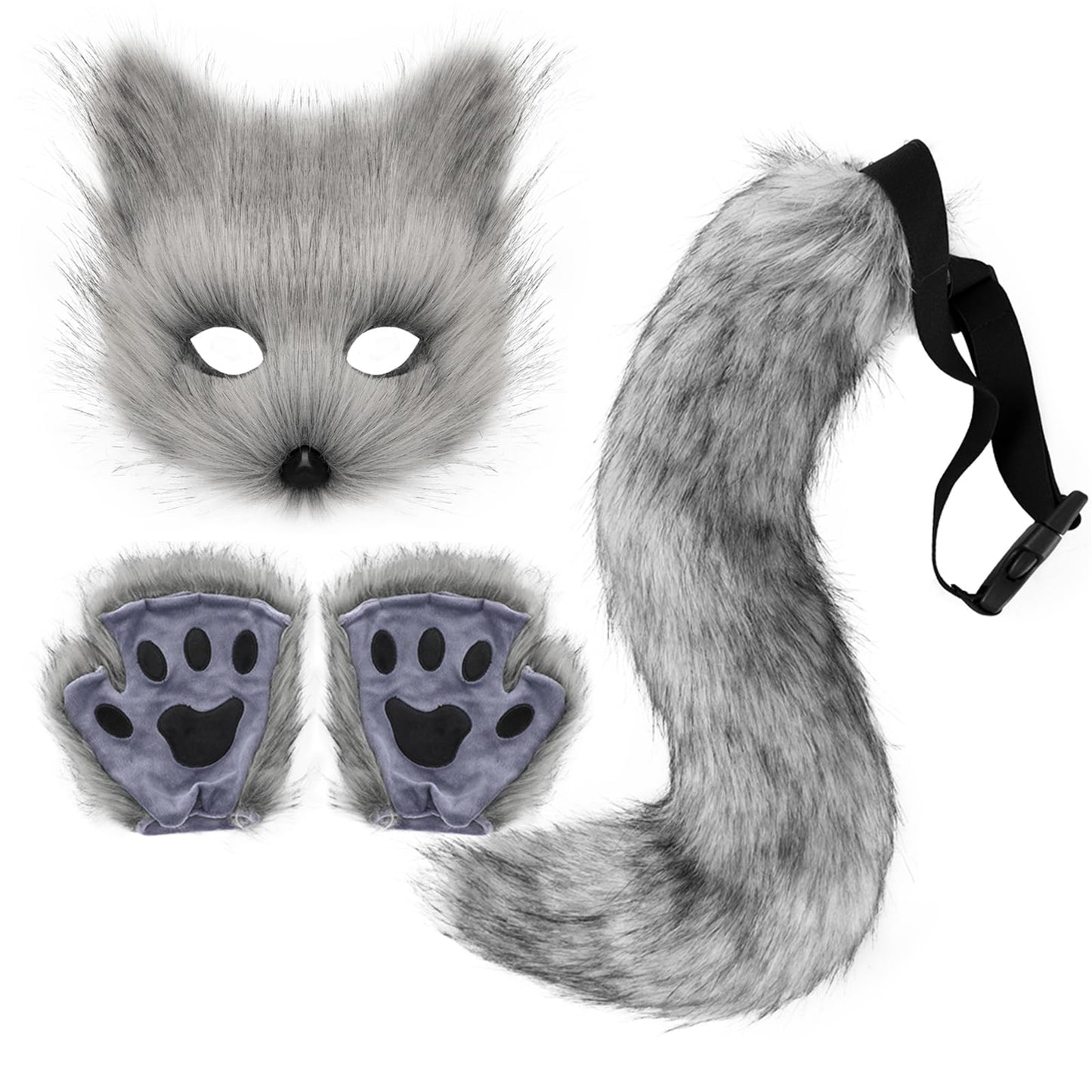Adolala Faux Fur Fox Tail Cat Wolf Cosplay Costume Set Plush Mask Fluffy Paw Gloves Halloween Christmas Party for Girls Women