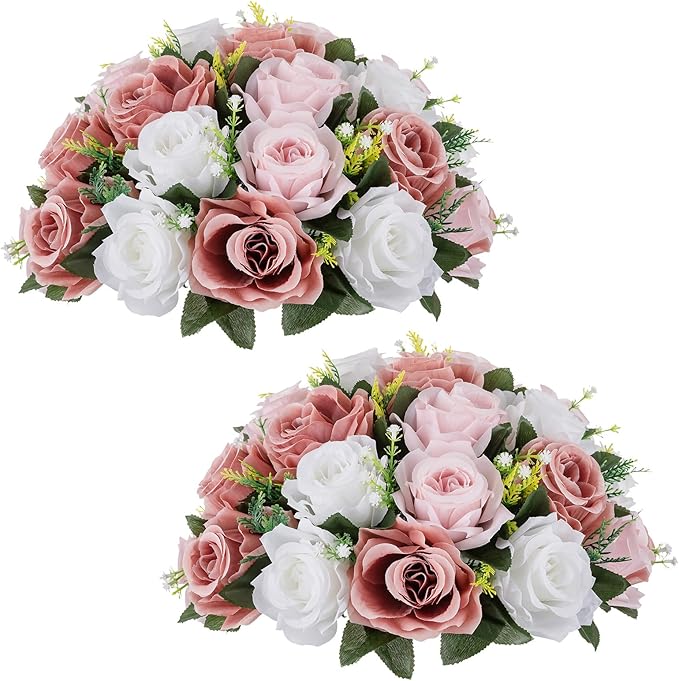 NUPTIO Large Flower Balls for Centerpieces - 2 Pcs 13.8in Diameter Dusty Rose & White Artificial Flower Ball Arrangement B...
