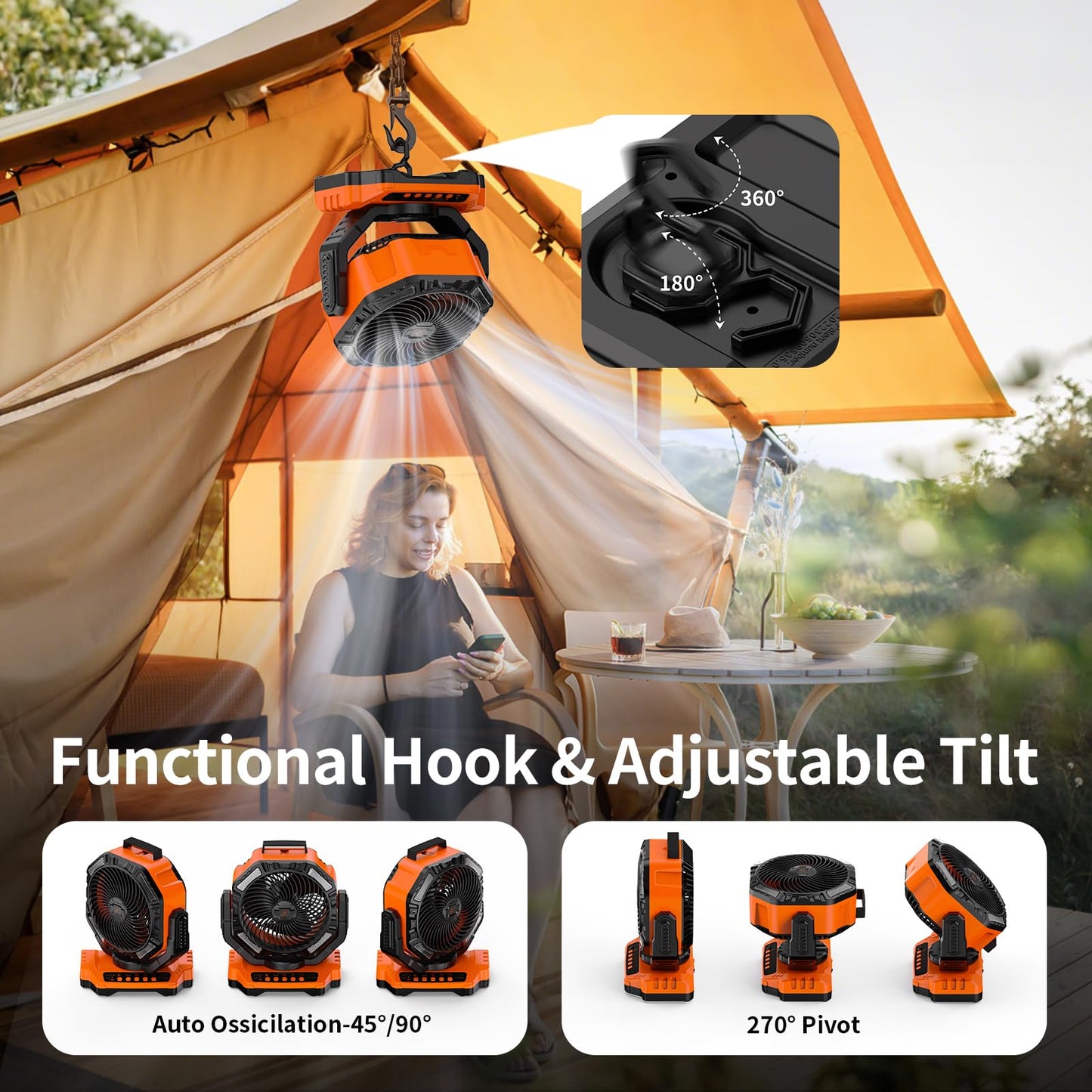 Socool 40000Mah Camping Fan Rechargeable, Battery Operated Portable Outdoor Fan Remote, 136Hrs & 4-Speed Cordless Oscillating, T