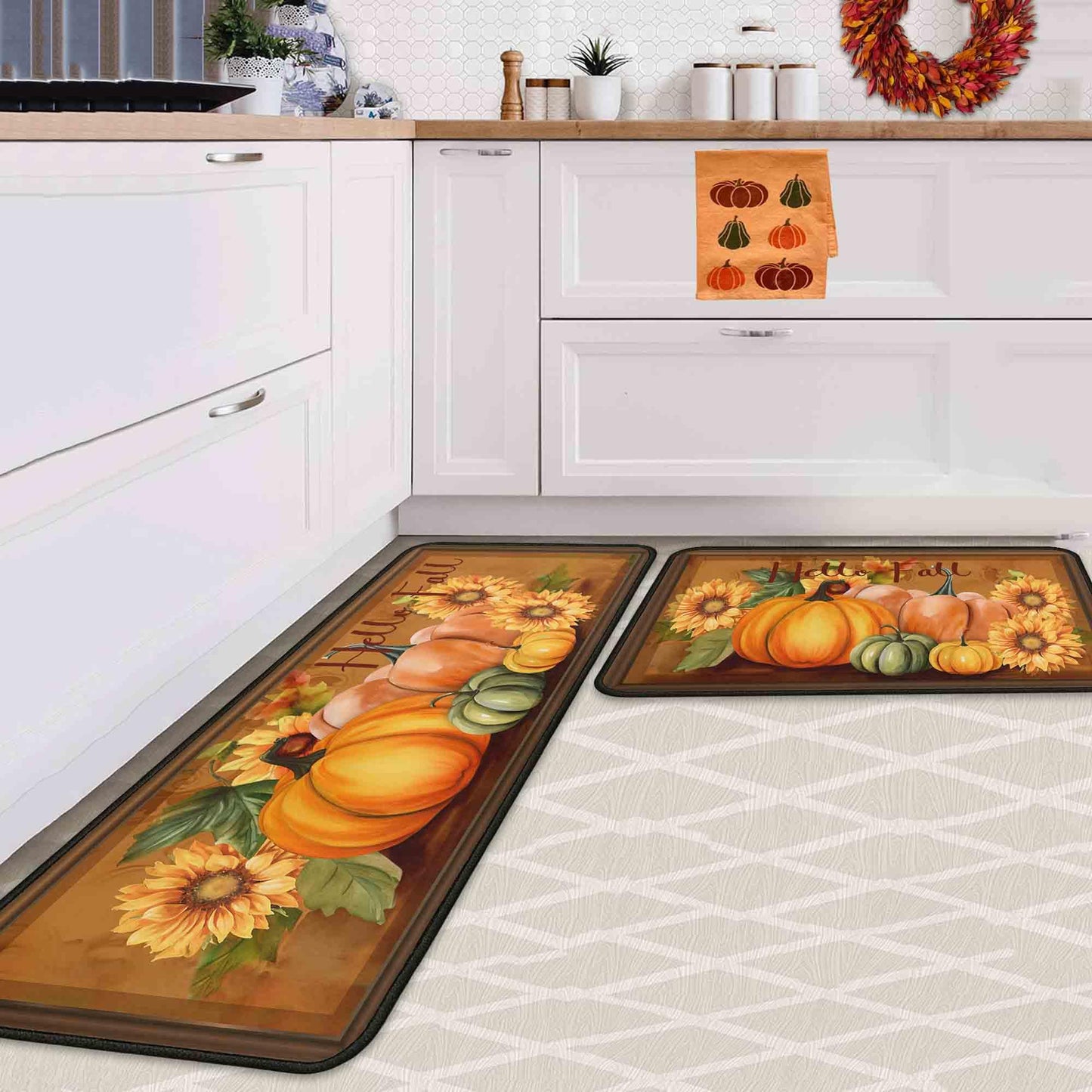 Noulmea Hello Fall Pumpkin Decorative Kitchen Rugs Set of 2,Thanksgiving Autumn Pumpkin Front Door Mat Floor Rug for Fall Home Holiday Party Decor 17"x47"+17"x30"