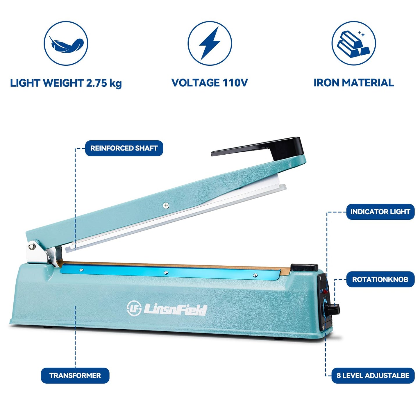 LinsnField Commercial Bag Sealers 12 inch, 2mm Sealing Width Iron Impulse Sealer, Heavy Duty Manual Shrink Wrap Heat Sealer Machine with 1 Replacement Kits 2 Fuses, Blue