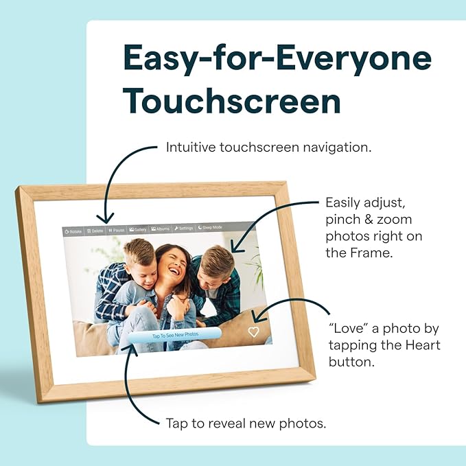 Skylight Digital Picture Frame 2 – 10" Full HD Wi-Fi Touch Screen, 16GB Digital Photo Frame, Load Photos & Videos Directly from Phone, Anti-Glare – Personalized Gifting, Rubber Wood Birch Brown