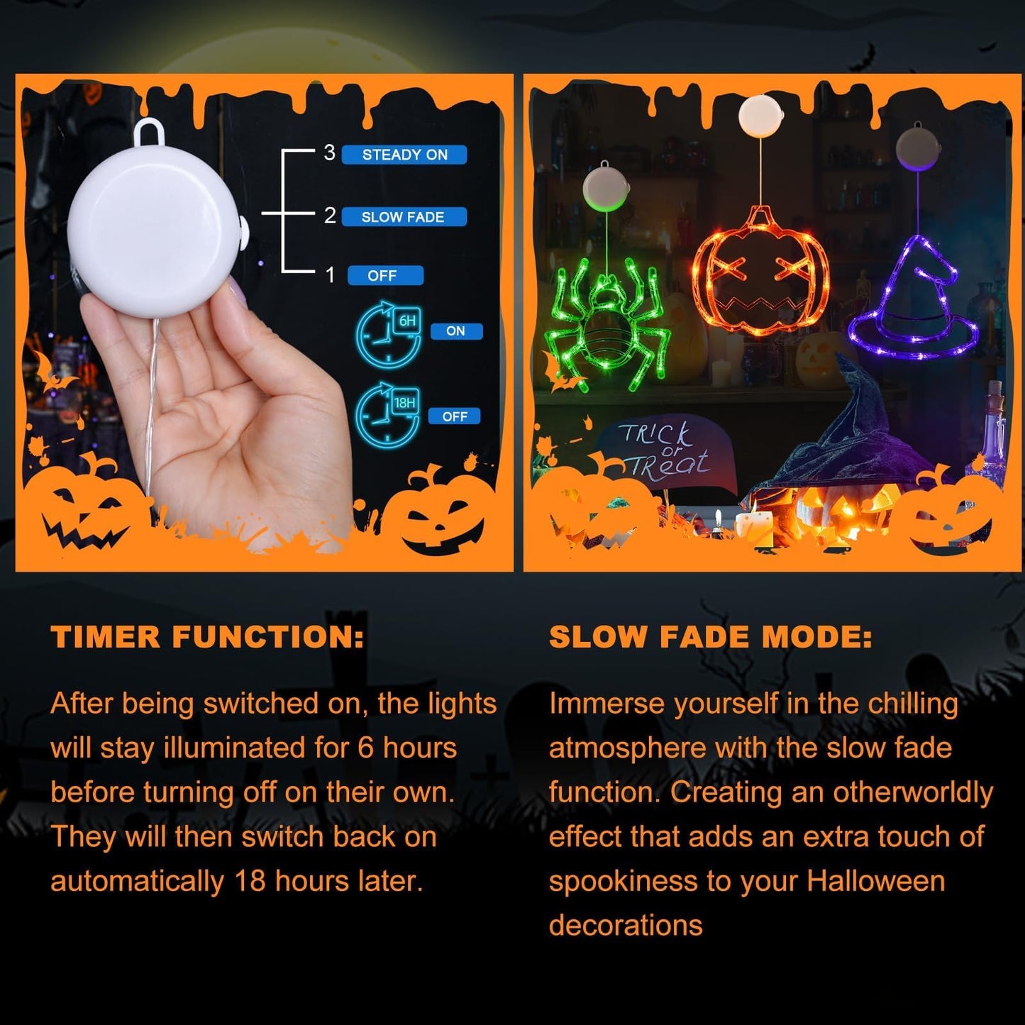 LOLStar Halloween Decorations 3 Pack Orange Pumpkin Green Spider Purple Witch Hat Window Lights with Suction Cup Battery Operated Slow Fade Timer Function Halloween Lights for Window Decor