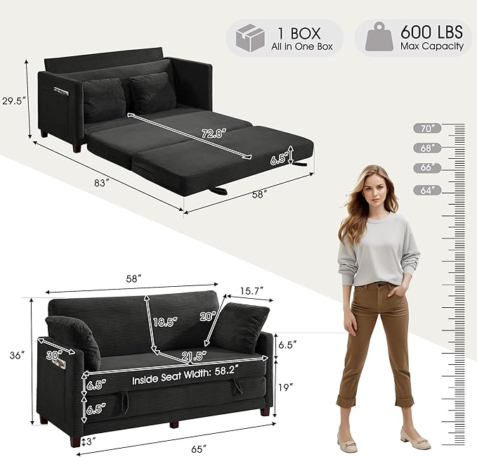 kakuboohi 65" Loveseat Sleeper Sofa Bed, Corduroy Convertible Sofa Bed for Small Spaces, Folding Couch Bed with Deep Seat, 2 Pillows & Solid Frame, Pull Out Floor Couches for Living Room, Black