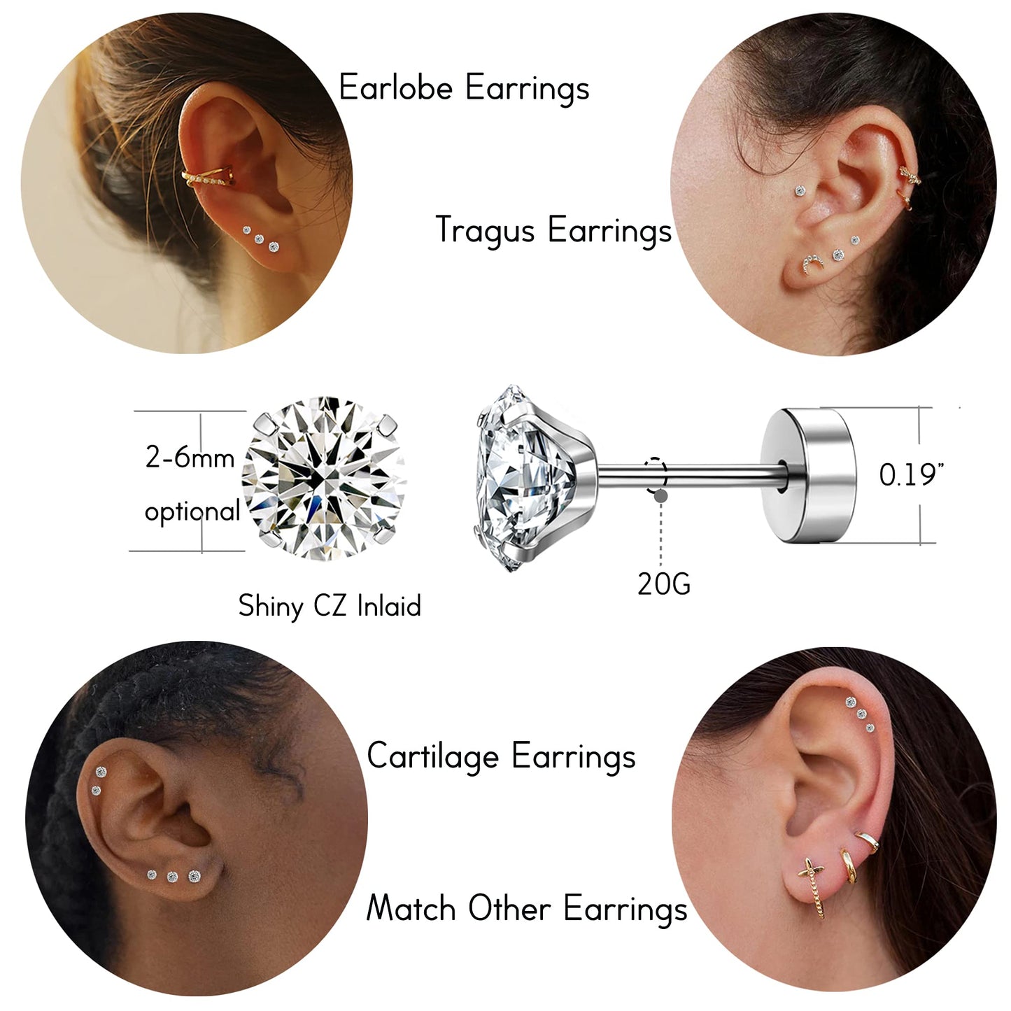 CASSIECA 6 Pairs 20G Cartilage Earring Stud for Women Men 316L Surgical Steel Flat Back Earrings Set, 4mm Round CZ Flat Back Stu