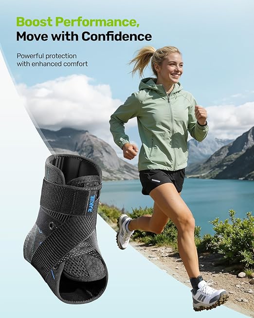 Rakiie Quick Lace Up Ankle Brace with 2 Metal Support Stays, Breathable Stabilizer for Sprained Ankle, Slim Fit Ankle Support for Men & Women, Sports, Running, Basketball (Black, M)