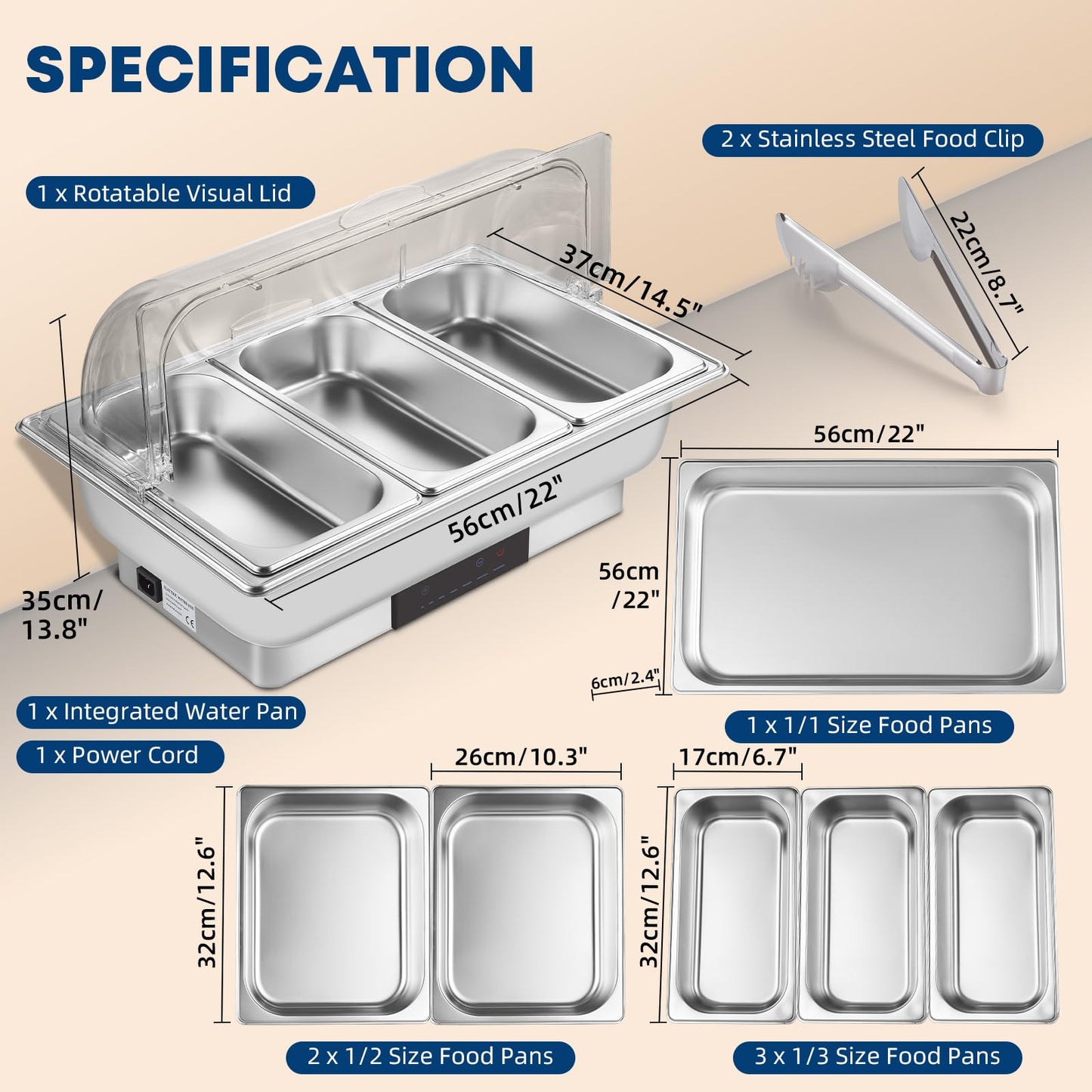 Electric Chafing Dish Buffet Server Set, Stainless Steel Full Size & Half-Size &Three-Section Food Pan with Temp Control, Roll Top Stainless Steel Food Warmers for Catering Buffet (A-02)