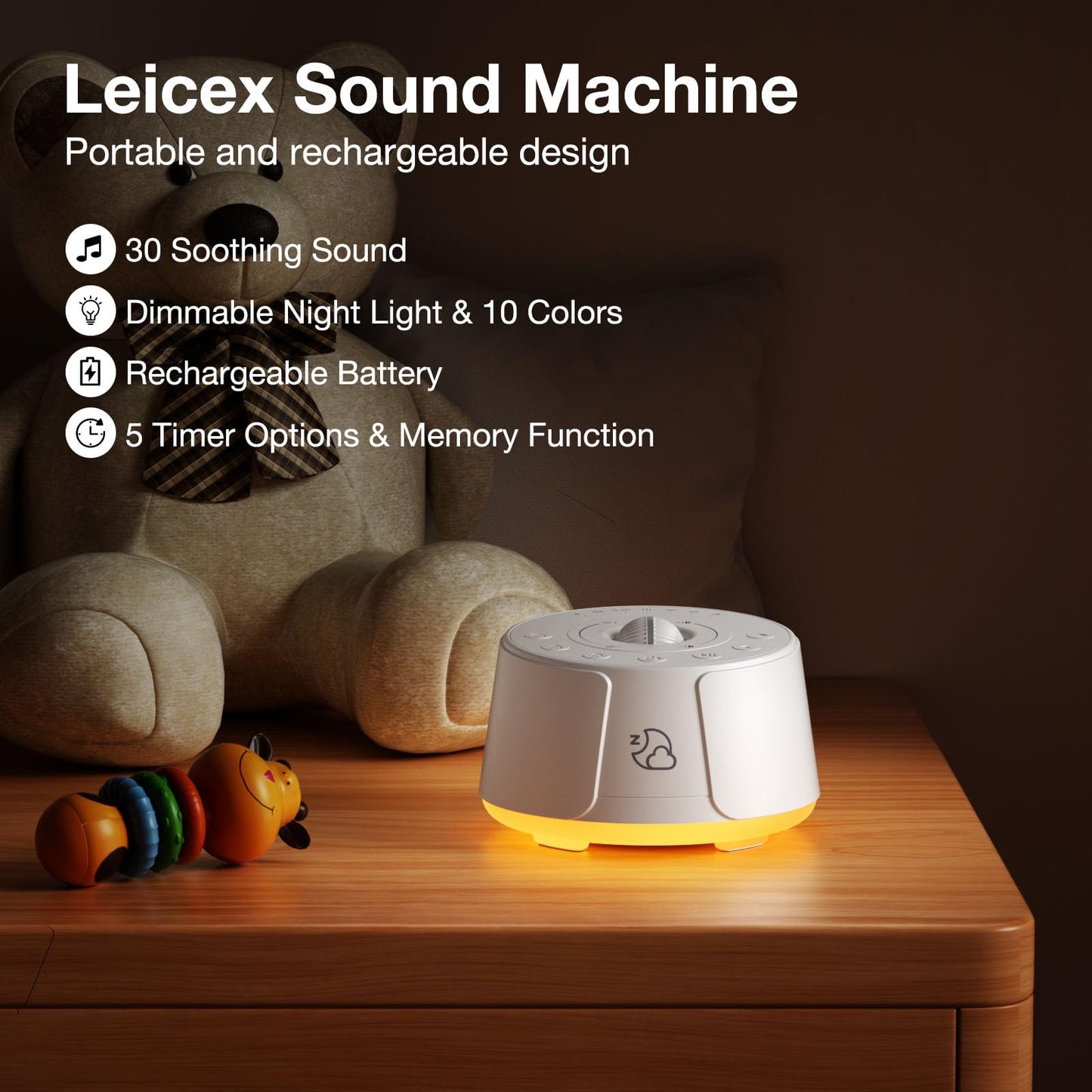 Sound Machine LEICEX White Noise Machine - 30 Soothing Sounds, 10 Colors Night Light, Rechargeable Battery- Travel Portable Sound Machine for Sleep Baby Adults, Perfect Sleeping Companion