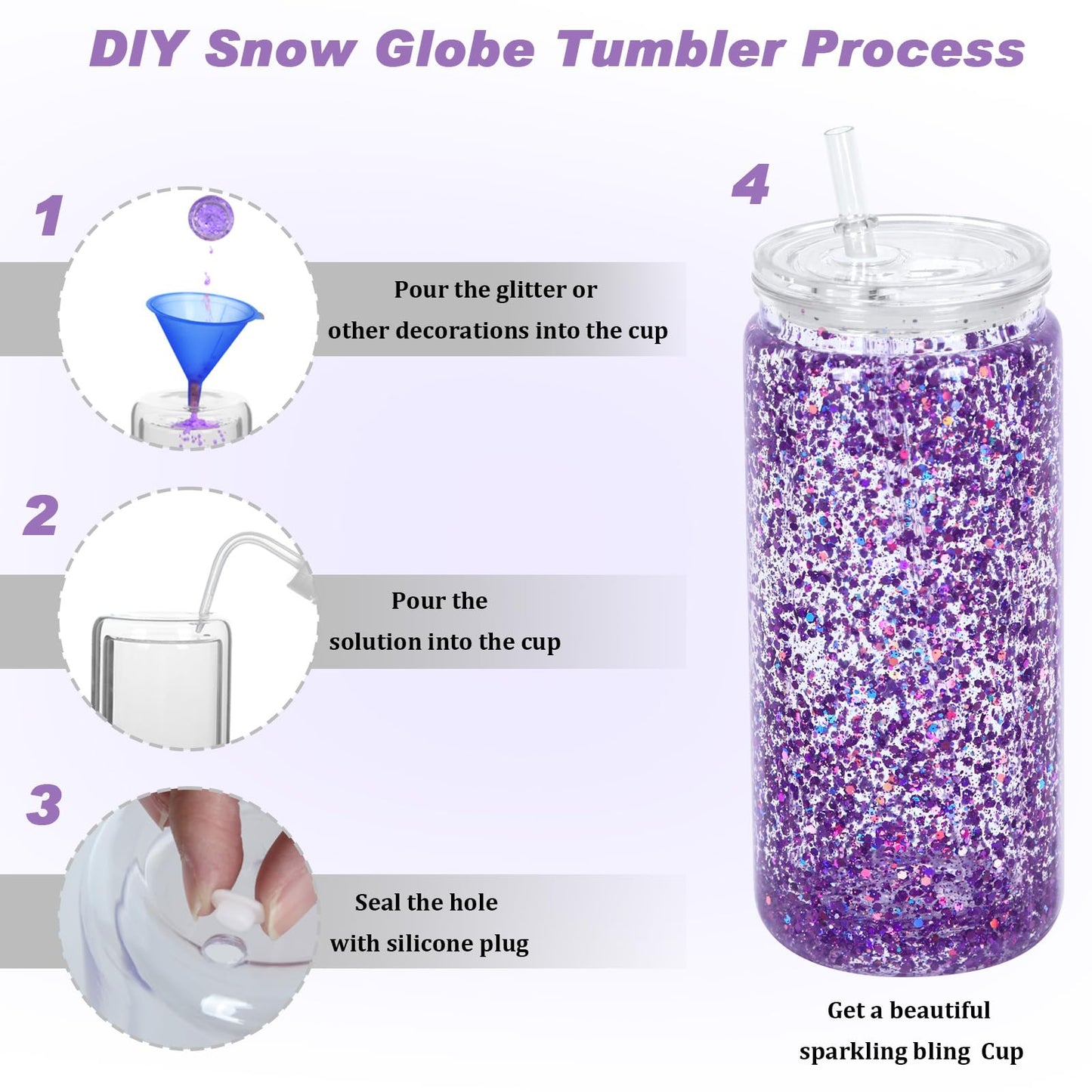 Micellwuu 20 oz Acrylic Snowglobe Tumbler, 8 Pack Double Wall Snow Globe Cups with Pre Drilled Hole, Plastic Mason Jar Cups Can for Snow Globe Glitter DIY (Clear)