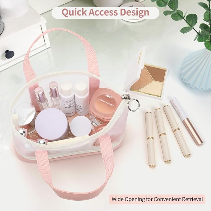 Small Multi-Functional Makeup Bag for Teens and Women Cute Cosmetic Case with Zipper Pouch/Double Handle for Travel Daily Use Multi-Scene Storage - Perfect Christmas or Birthday Gift for Girls - Pink