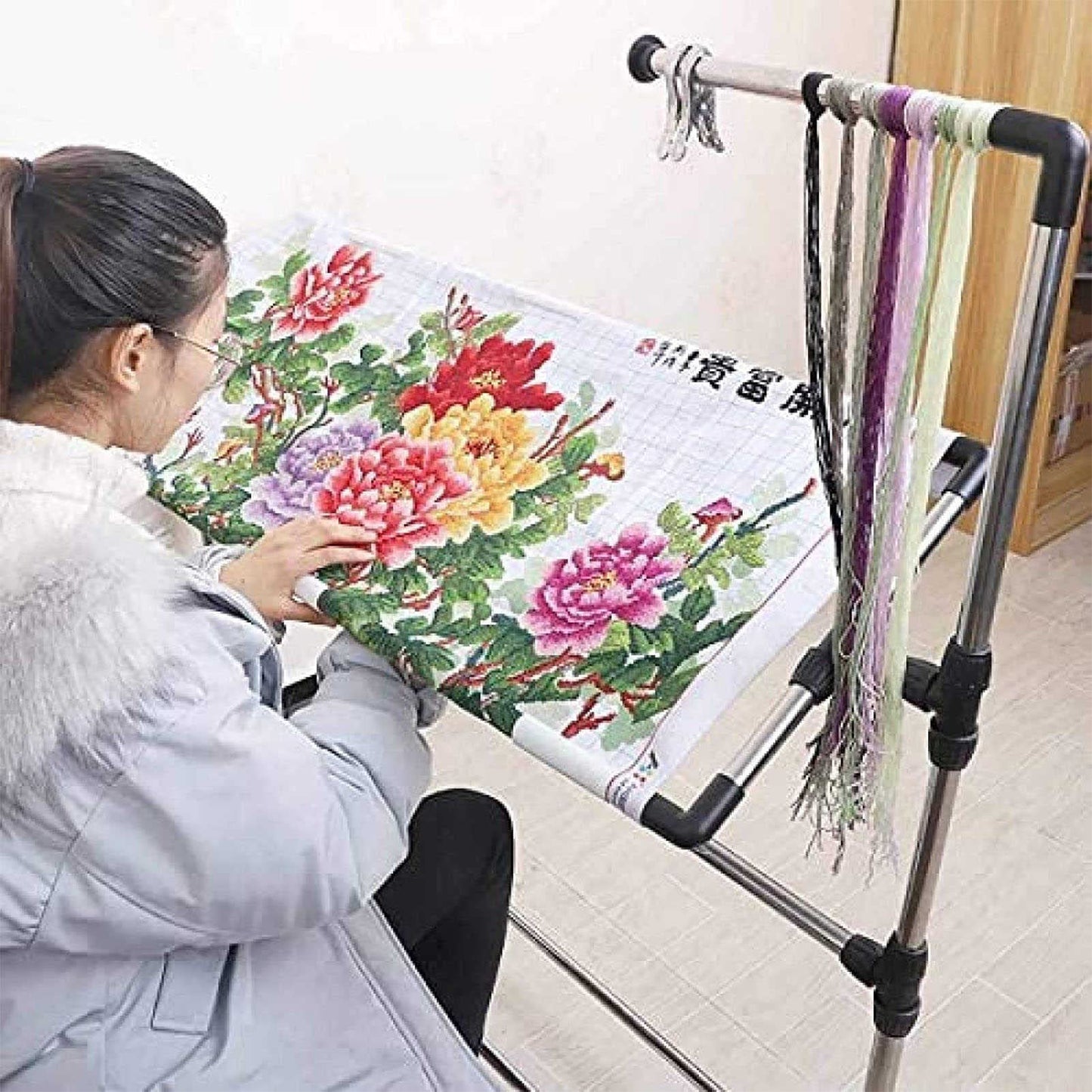 ELUKHT Adjustable Needlework Floor Frame for Cross Stitch and Embroidery, Standing Craft Stand and Lap Table for Sewing and Art, Convenient Holder for Creative Projects.
