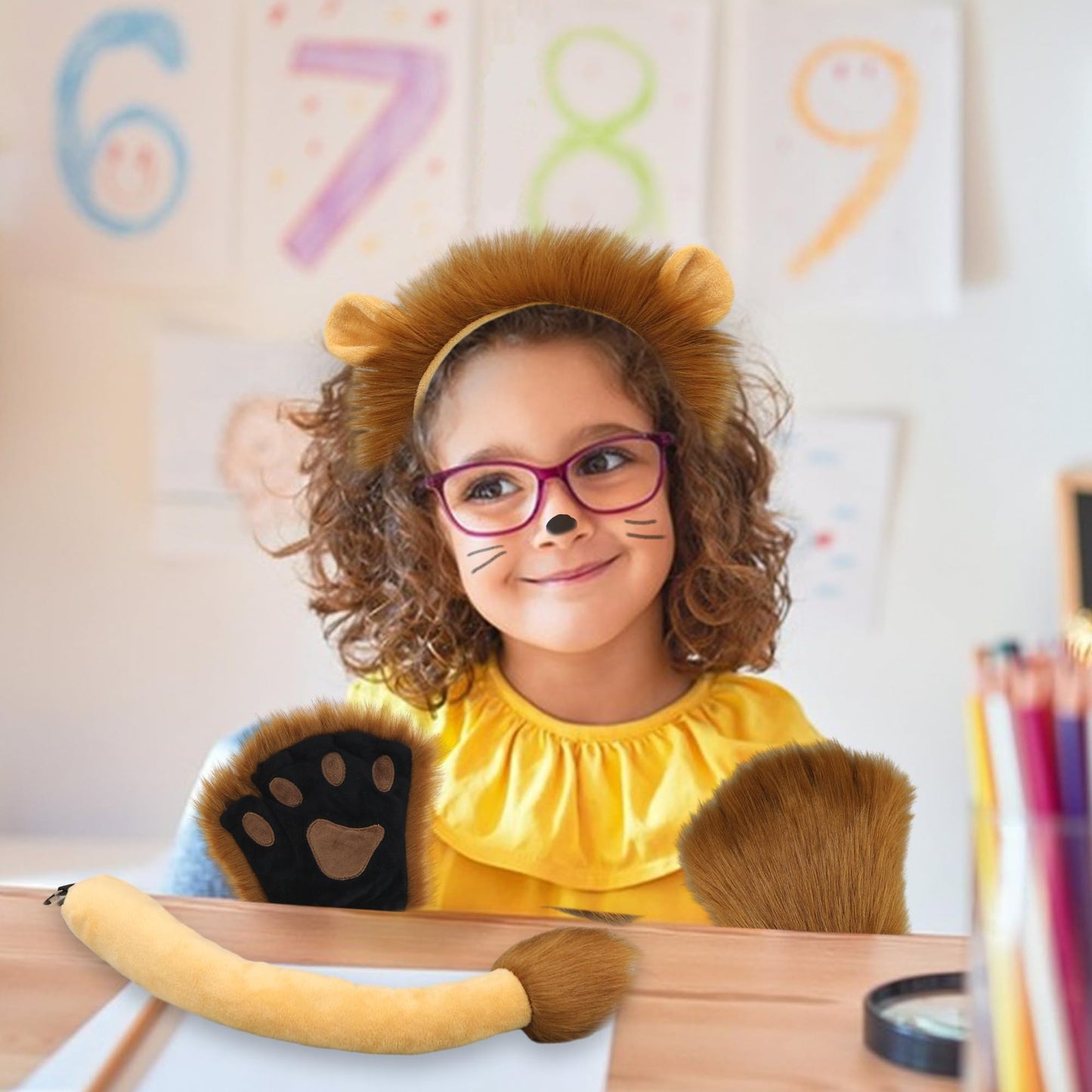 Dodheah Lion Ears Headband Set Fingerless Furry Lion Glove Paws Lion Tail Animal Cosplay Halloween Fancy Dress Lion Costume Yellow