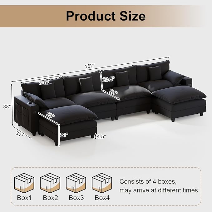 KCGKCG 152" Modular Sectional Sofa, U Shaped Cloud Couch with Movable Ottoman, Chenille Deep Seat Cloud Sofa with Charging Station, Cup Holder, Side Pocket, Sectional Couches for Living Room, Black