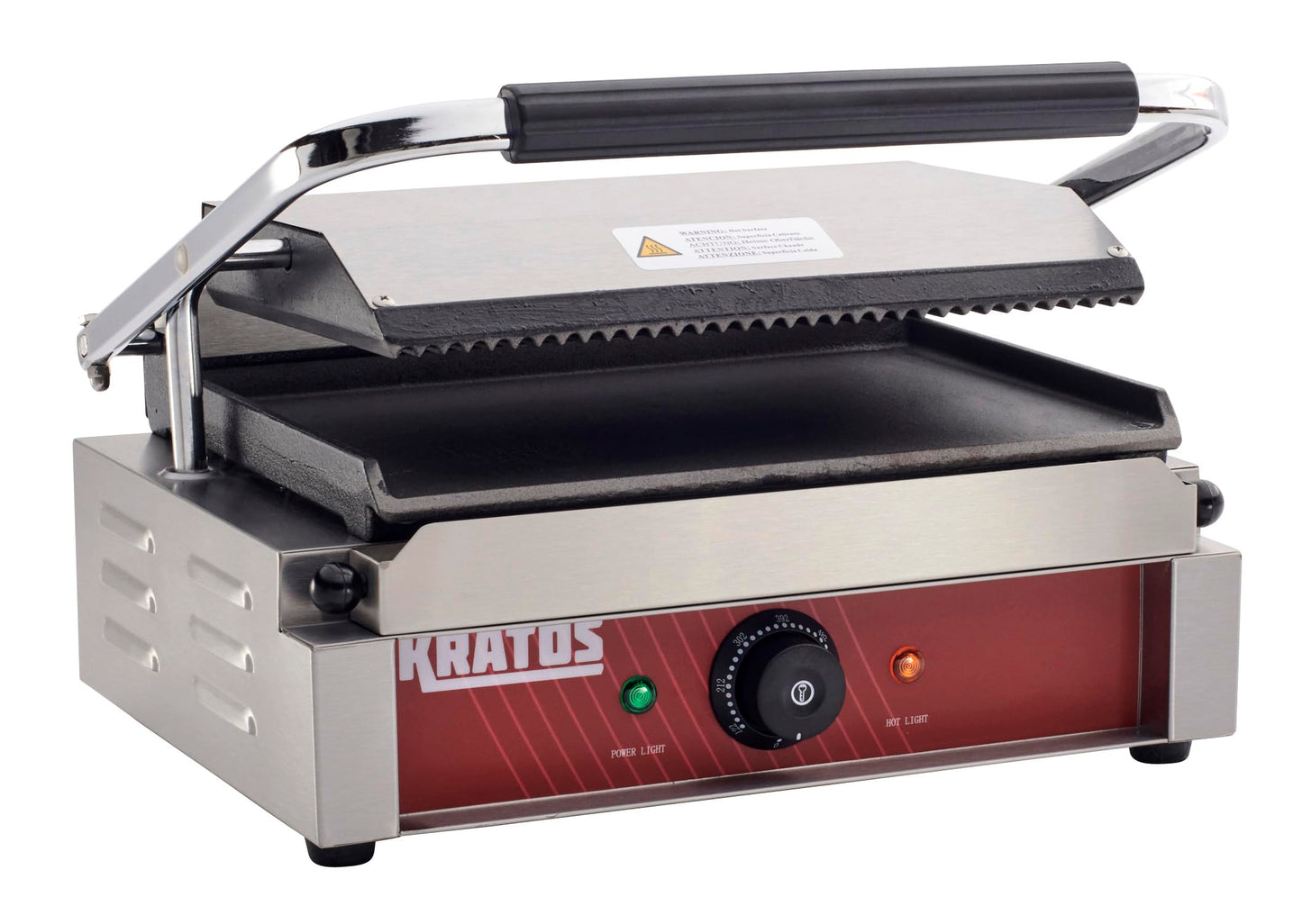 Kratos Commercial Electric Panini Sandwich Grill with Grooved Top and Smooth Bottom Plates, 14" x 9" Cooking Surface, Commercial Countertop Panini Press, 120V, 1750W (29Y-022)