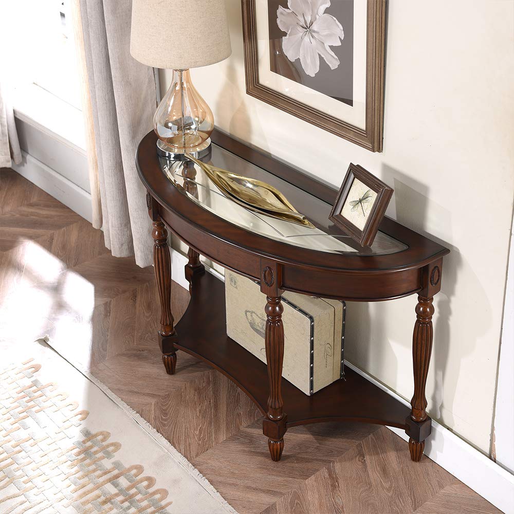 PADMA HOUSE Traditional Solid Wood Semi-Circle Sofa Table with Tempered Glass Top for Living Room, Cherry Walnut