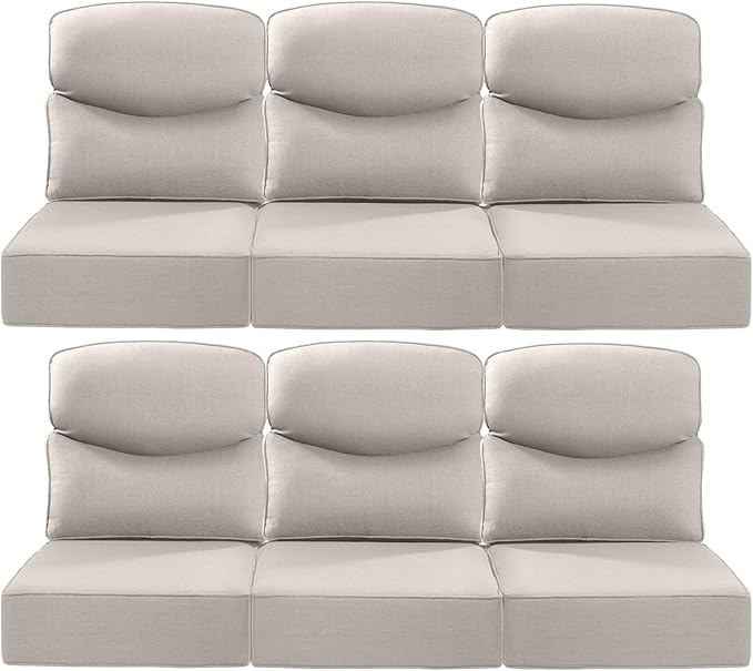 ACTREST Luxury 22x24/22x25 6-Inch Smile Patio Cushions for Outdoor Furniture Set of 6 - Thick Back & Deep Seat Outside Chair Cushions for Rattan Metal Glider Loveseat Sectional Sofa - Beige