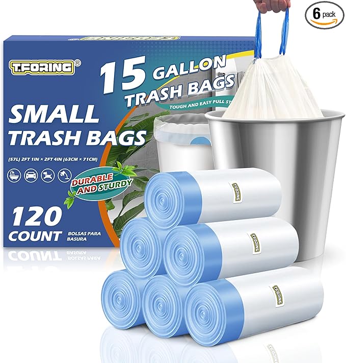 15 Gallon Trash Bags with Drawstring - 120 Count Heavy Duty 1.7 Mil Garbage Bags 56 Liter Tall Kitchen Bin Liners Unscented White for Home Yard Lawn