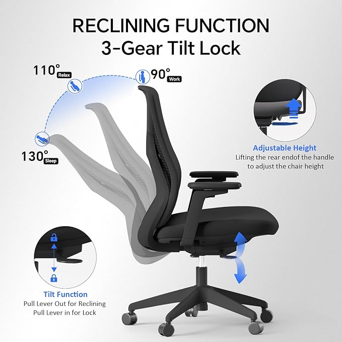 Ergonomic Office Chair Seat Depth Adjustable, Home Office Desk Chair with 3D Armrest, Mesh Office Chairs with Tilt Recline Lock,Thickened Soft Cushion, SGS Certified Gas Lift for Long Hours(Black)