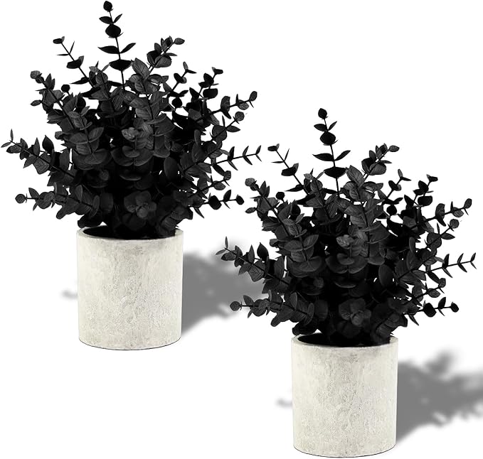 Coferset 2 Pack Black Fake Eucalyptus Small Fake Plants Potted Artificial Plants for Halloween Decorations Shelf Desk Home...