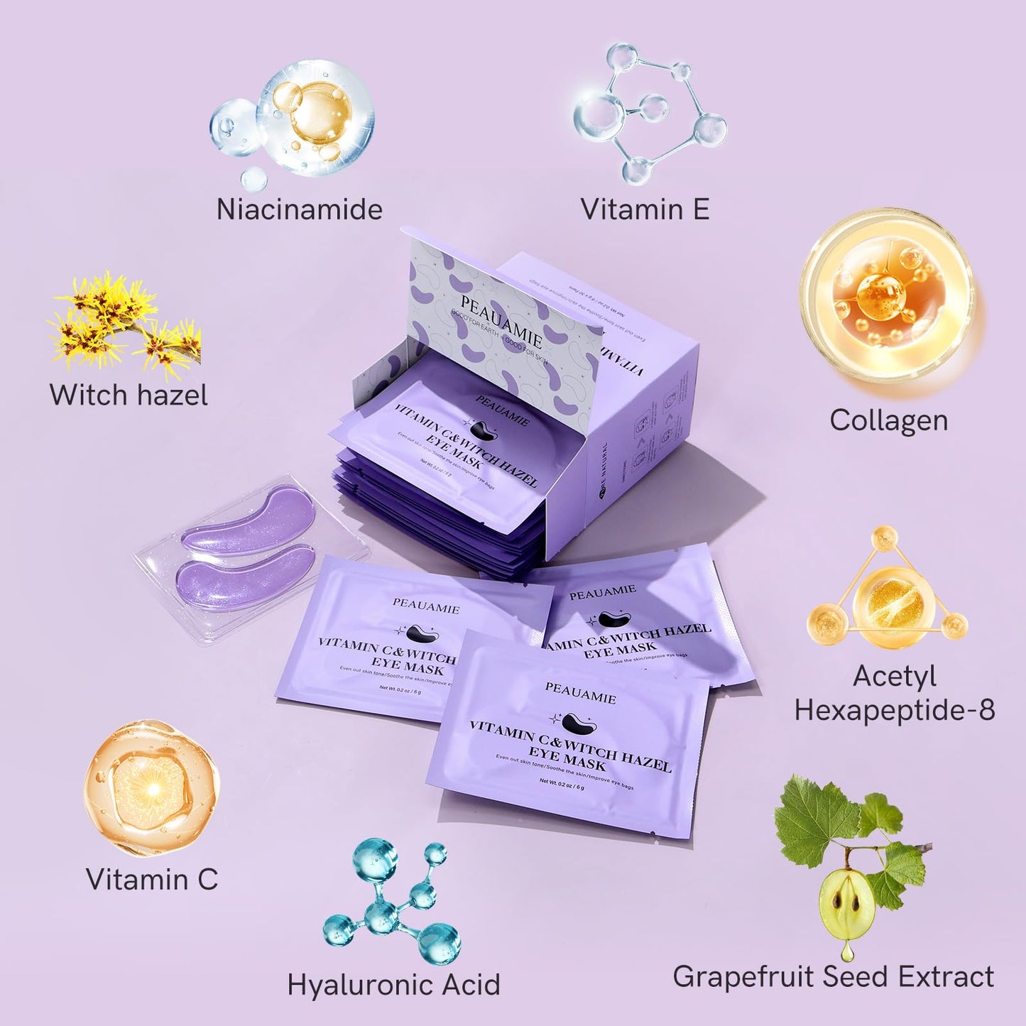 PEAUAMIE Under Eye Patches with Vitamin C and Witch Hazel Eye Mask for Dark Circles and Puffiness,Face Mask Skin Care Products 3