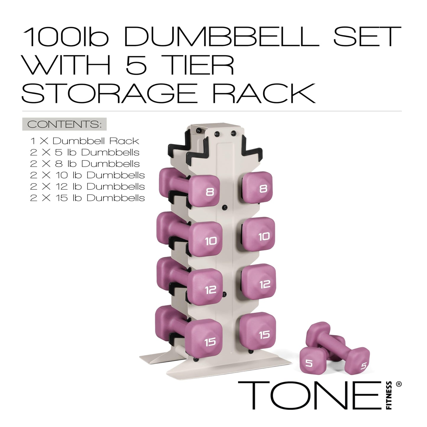 Tone Fitness 100 LB Neoprene Dumbbell Set with Storage Rack – Non-Slip, Anti-Roll Hand Weights for Home Gym Workouts | Light Gray Rack and Purple Dumbbells