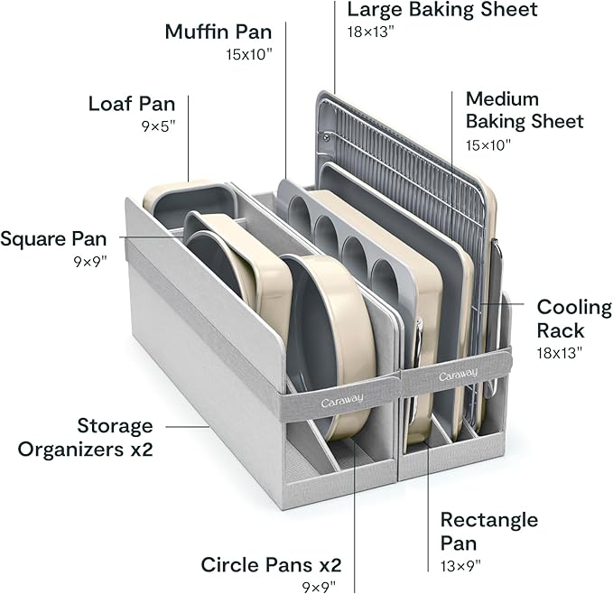 Caraway 23-Piece Nonstick Ceramic Cookware & Bakeware Set – Pots, Frying Pans, Lids, Baking Sheets, Pans, Cooling Rack & Storage – Oven Safe, Non-Toxic – Compatible with All Stovetops - Cream
