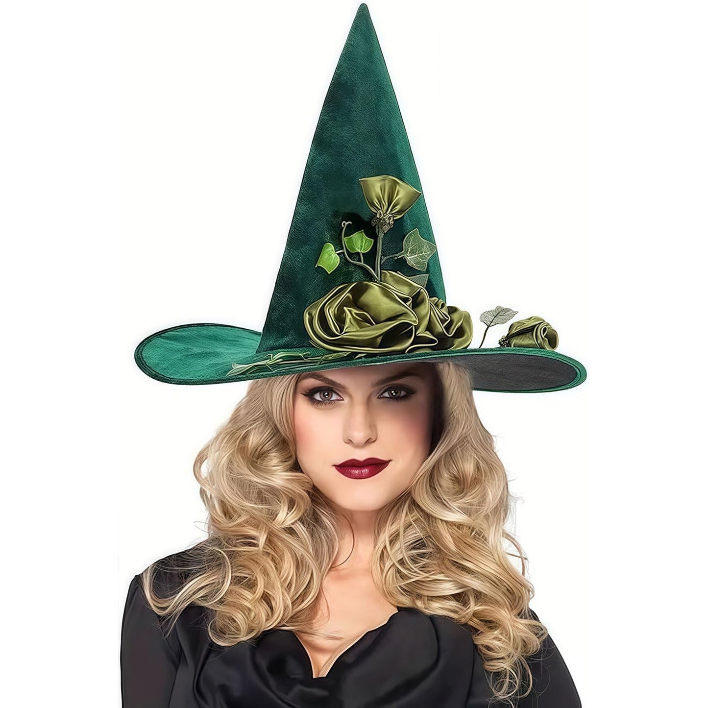 Pvoiue Witch Hat Green Detachable Witch Headband Hat Costume Accessories for Women Halloween Party Elvet Elegant Hats with Vine And Flowe Designs 16.9''x14.9'', 1Pcs