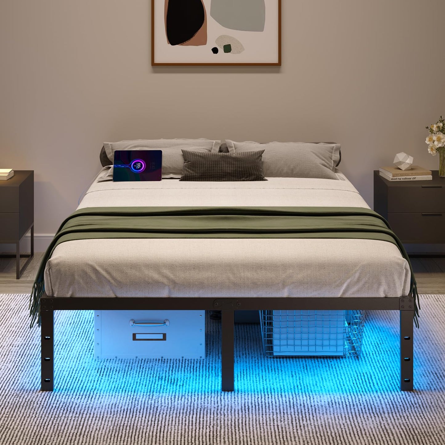 HAVONIZD Queen Bed Frame with LED Lights & Charging Station - 14 Inch Heavy Duty Metal Platform Bed Frame No Box Spring Needed, Easy Assembly, No Noise