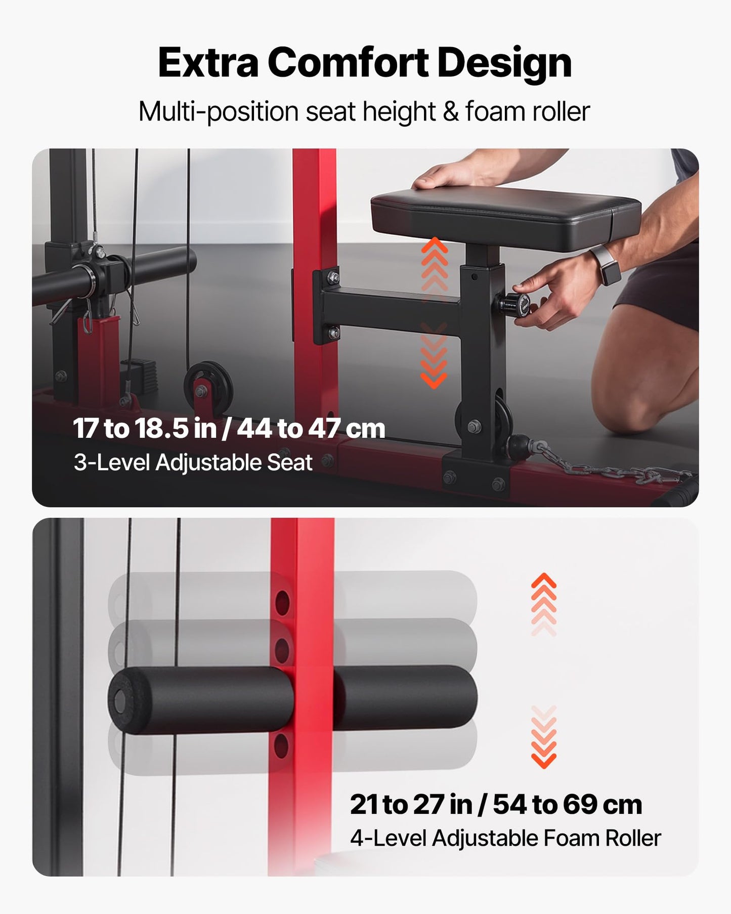 VEVOR LAT Pull Down Machine, 2-in-1 Row Cable Machine, Cable Machines Home Gym with Adjustable Seat&Height, 4-Level Adjustable Foam Roller, Load 500 lbs LAT Tower for Back, Chest, Tricep