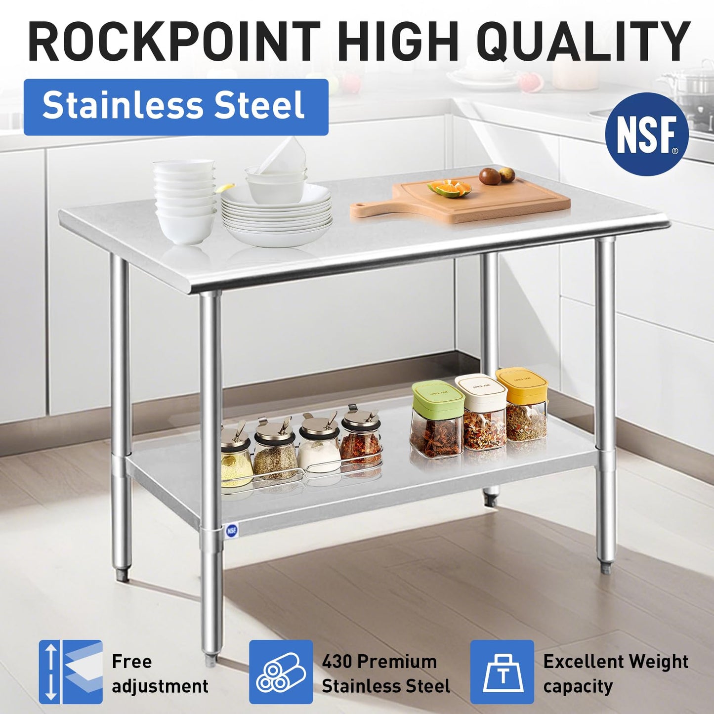 ROCKPOINT Stainless Steel Table for Prep & Work 14x24 Inches, NSF Metal Commercial Kitchen Heavy Duty Table with Adjustable Under Shelf and Table Foot for Restaurant, Home and Hotel