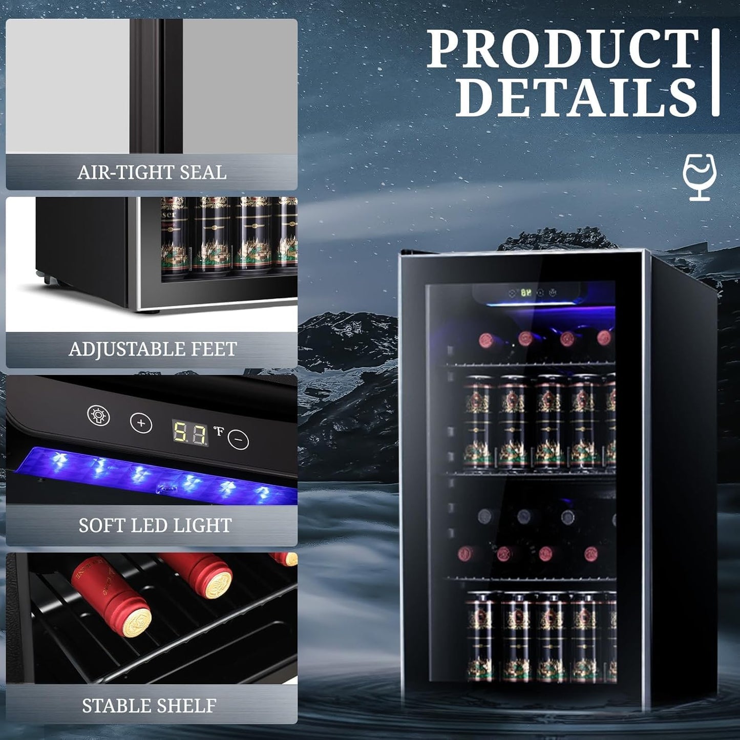 Antarctic Star Wine Cooler 26 Bottle Mini Fridge Drink Refrigerator Small Beer Soda Glass Door Quiet Compressor Freestanding 3.15 Cu.Ft